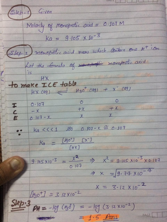 Step 1 Given Molarity of Menoprotic acid = 0.101 M ka = 9.105 x 10 3 Step- 2 monoprolic acid meens which contain ere ut lon L