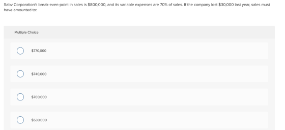 Saby Corporations break-even-point in sales is $800,000, and its variable expenses are 70% of sales. If the company lost $30