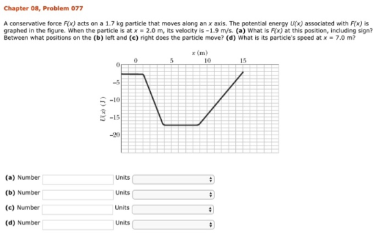 Chapter 08, Problem 077 A conservative force F(x) acts on a 1.7 kg particle that moves along an x axis. The potential energy