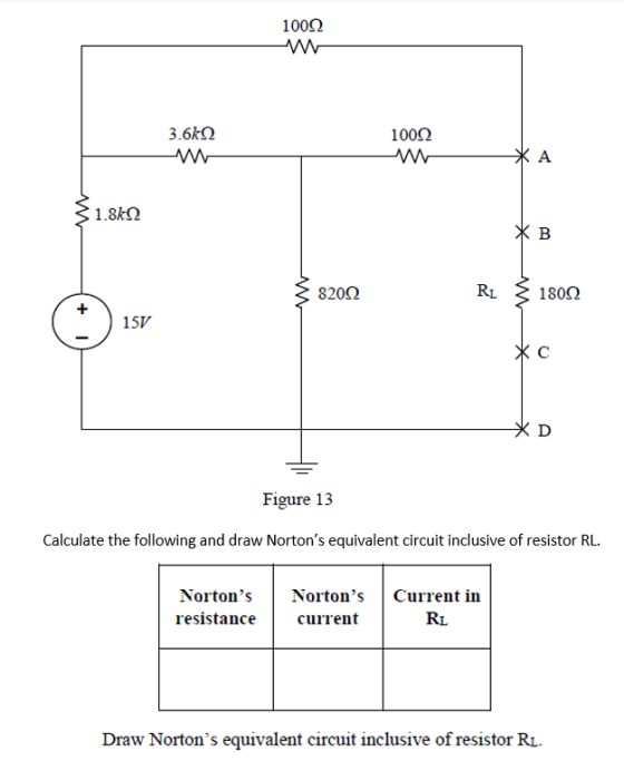 10002 3.6k02 10002 KA 31.8k92 *B W 82012 R 1800 - ( 15V * * Figure 13 Calculate the following and draw Nortons equivalent ci