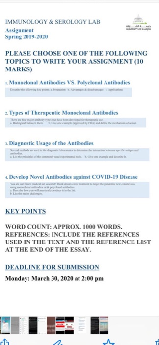 IMMUNOLOGY & SEROLOGY LAB Assignment Spring 2019-2020 PLEASE CHOOSE ONE OF THE FOLLOWING TOPICS TO WRITE YOUR ASSIGNMENT (10