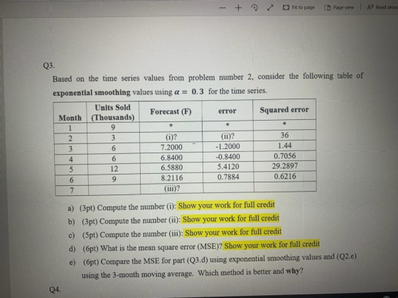 - + Fit to page ID Page view A) Read alouc * Q3. Based on the time series values from problem number 2, consider the followin