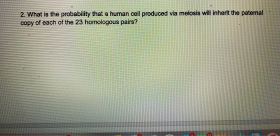 2. What is the probability that a human cell produced via meiosis will inherit the patemal copy of each of the 23 homologous