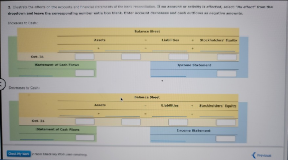 2. Illustrate the effects on the accounts and financial statements of the bank reconciliation. If no account or activity is a