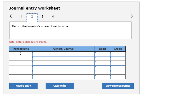 Journal entry worksheet Record the investors share of net income. Note: Enter debits before credits Transactions General Jou