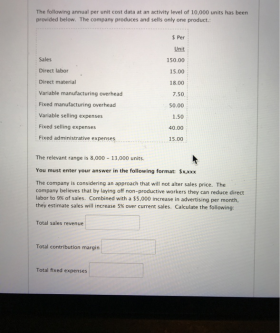 The following annual per unit cost data at an activity level of 10,000 units has been provided below. The company produces an