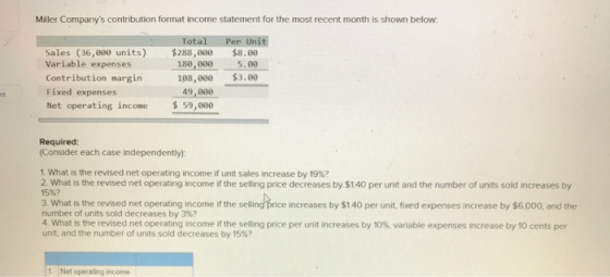 Miller Companys contribution format income statement for the most recent month is shown below. Sales (36,000 units) Variable
