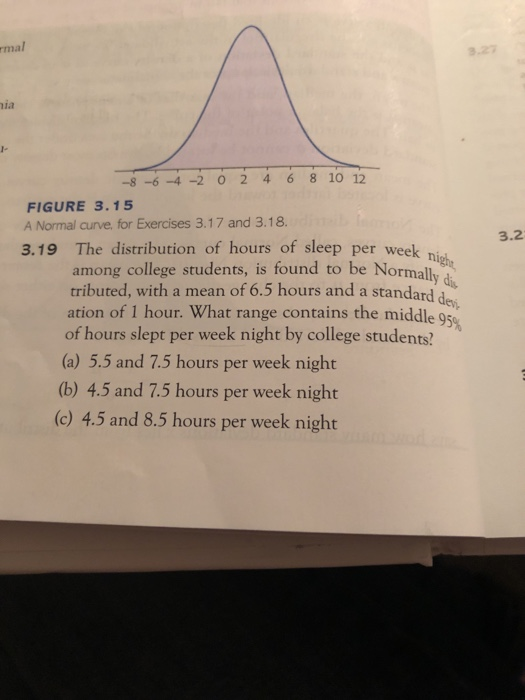 mal 3-27 nia l- 8-6-4 -2 0 2 468 10 12 FIGURE 3.15 A Normal curve, for Exercises 3.17 and 3.18. 3.19 The distribution of hours of sleep per week 3.2 among college students, is found to be Normall tributed, with a mean of 6.5 hours and a standard d ation of 1 hour. What range contains the middle 9s of hours slept per week night by college students? (a) 5.5 and 7.5 hours per week night y & des, 95% (b) 4.5 and 7.5 hours per week night (c) 4.5 and 8.5 hours per week night