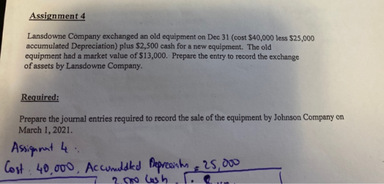 Assignment 4 Lansdowne Company exchanged an old equipment on Dec 31 (cost $40,000 less $25,000 accumulated Depreciation) plus