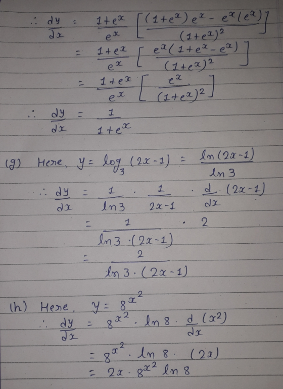 dy [(1+e ex 1 tex [(1+ea) ex-ex (1+2) 1 t ex ea (1+ex-ea) (1 + x)2 1 tex ex ex (1+0)2 e”] ex dy 1 1 tex (9) Here, y = log (2x