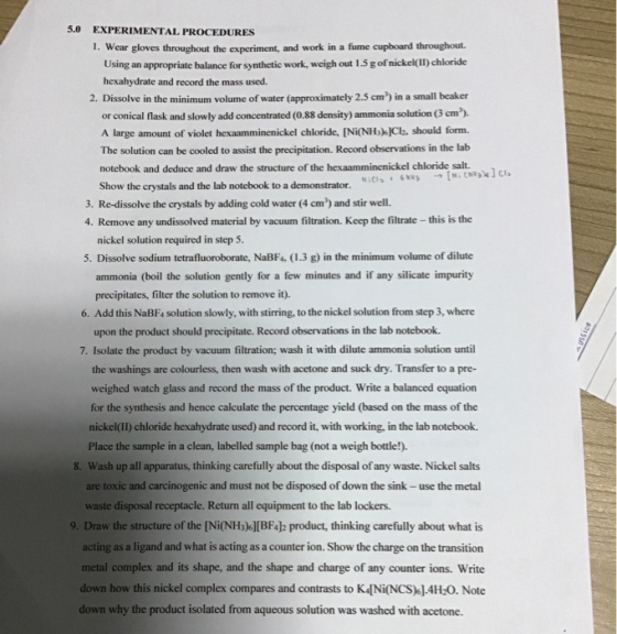 5.0 EXPERIMENTAL PROCEDURES I. Wear gloves throughout the experiment, and work in a fume cupboard throughout. Using an approp