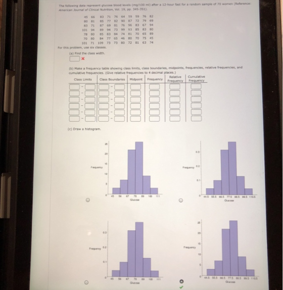 The following data represent glucose blood levels (mg/100 ml) after a 12-hour fast for a random sample of 70 women (Reference