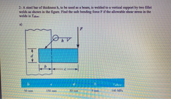 2- A steel bar of thickness h, to be used as a beam, is welded to a vertical support by two fillet welds as shown in the figu