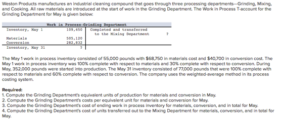 Weston Products manufactures an industrial cleaning compound that goes through three processing departments-Grinding, Mixing,