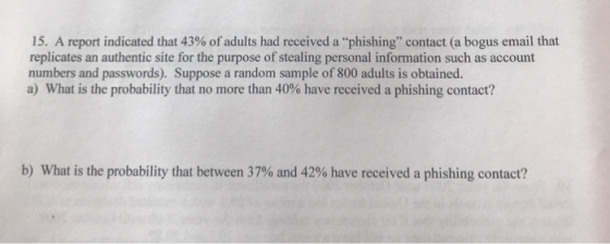 15. A report indicated that 43% of adults had received a phishing contact (a bogus email that replicates an authentic site