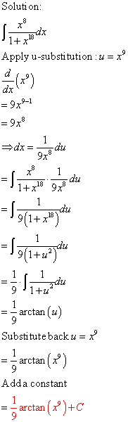 Solution: Sien 1+x 18 Apply u-substitution : u = xº = 9x9-1 = 9x 1 dx = du 1 = // 1+x18 9x 1 9(1+x) = 1 9(1+wysig J adu 9 1+u
