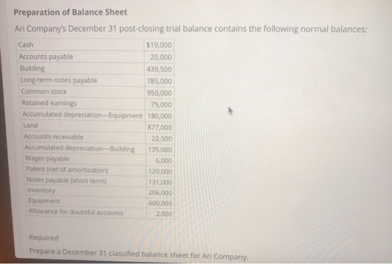 Preparation of Balance Sheet Ari Companys December 31 post-closing trial balance contains the following normal balances: Cas