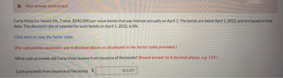 X Your answer is incorrect. Carla Vista Co, issued 6%, 7-year, $240,000 par value bonds that pay interest annually on April 1