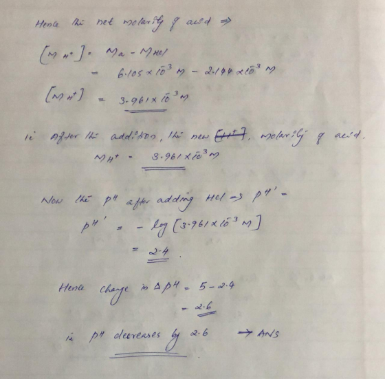 Hence di net molarity of and a [u]. Ma-Mael - 6:105 x 103 - 20/94x100 m) (wit) – 3.961 x 10² si molardly of acid, After the a