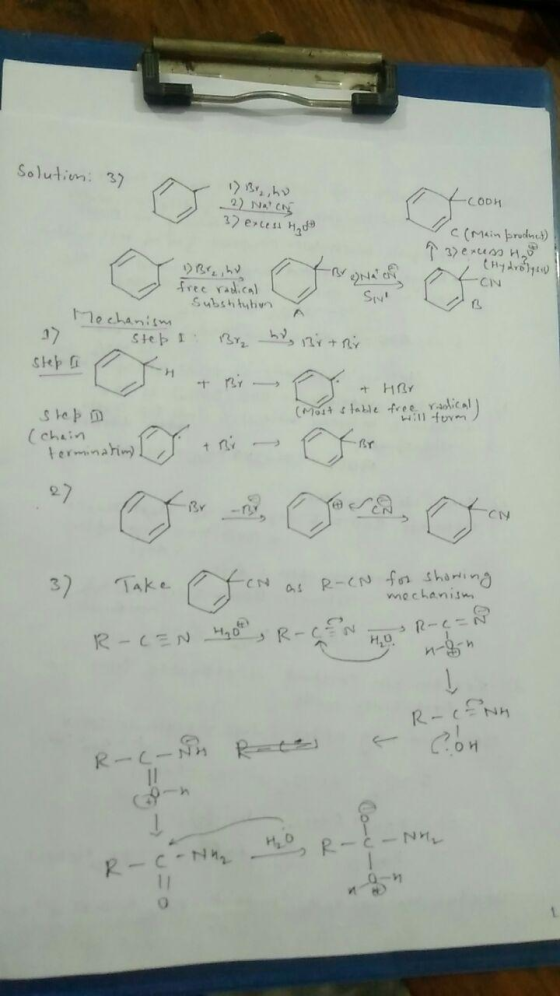 Solution: 37 1) Br, ho 22 NAN 37 excesi Hd -Coon C(Main product) 3) excess o (Hydrolyn SONAN -CN SINI OBY, free radical Subst