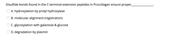 Disulfide bonds found in the C-terminal extension peptides in Procollagen ensure proper O A. hydroxylation by prolyl hydroxyl