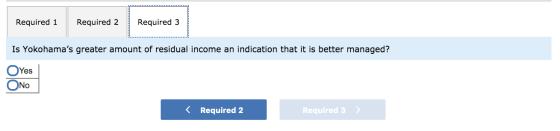 Required 1 Required 2 Required 3 Is Yokohamas greater amount of residual income an indication that it is better managed? Yes