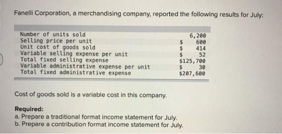 Fanelli Corporation, a merchandising company, reported the following results for July: Number of units sold Selling price per