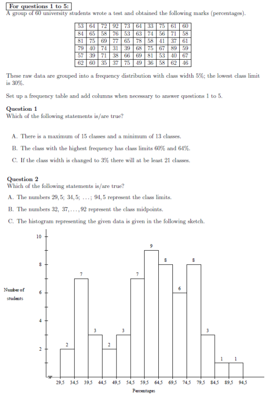 For questions 1 to 5: A group of 60 university students wrote a test and obtained the following marks (percentages). 5364 729