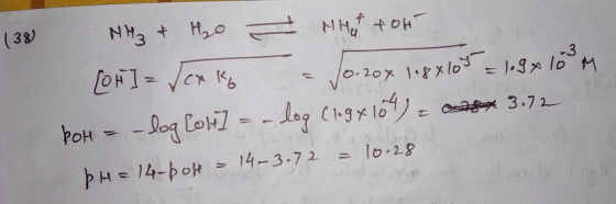 (38) -3 NH3 & ho The tot [ot] = Sexko (0.20 x 108x105 = 1.9x10 m Por = -log Colt] - log (1.9 x 109). log (ngx10h) - od 3.72 Þ