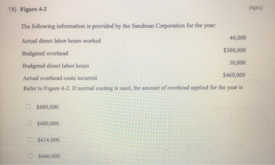 18) Figure 4-2 (4pts) The following information is provided by the Sandman Corporation for the year: 46,000 Actual direct lab