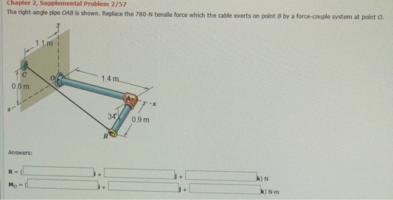 The right-angle pipe OAB is shown. Replace the 780
