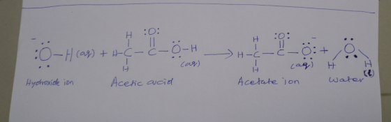 :0: :O-H(aq) 十 エーリーI 一と一O-H Y cag) H :O: -HーとーとーO:+ O H cae) H H Acetate ion Water Hyohroxide ion ic arcid