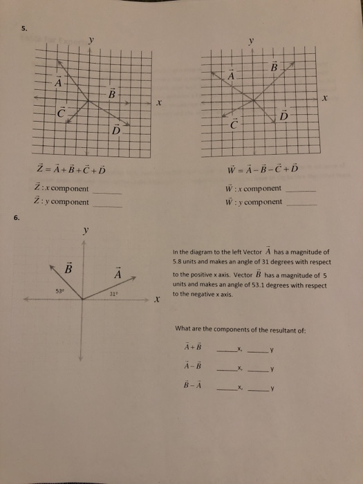 5, W=А-В-С+D W:x component W: y component Z=A+B+C+D Z :x component_ Ž: y component In the diagram to the left Vector A has a magnitude of 5.8 units and makes an angle of 31 degrees with respect to the positive x axis. Vector B has a magnitude of 5 units and makes an angle of 53.1 degrees with respect to the negative x axis. 53 31° What are the components of the resultant of: