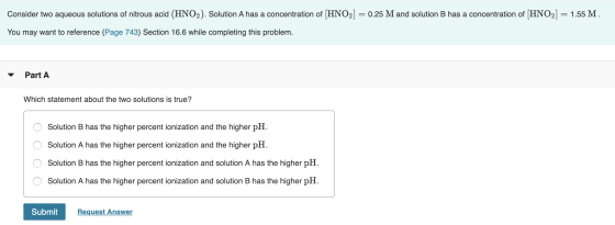 Consider two aqueous solutions of nitrous acid (HNO2). Solution A has a concentration of (HNO2] = 0.25 M and solution B has a