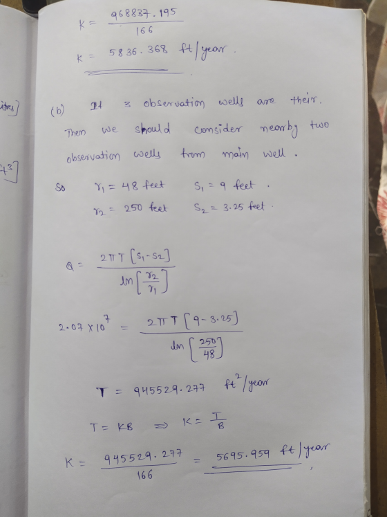 k = 968837.195 166 58 36.368 ft / year their. litres observation wells are 24 (6) Them should consider nearby two from main w
