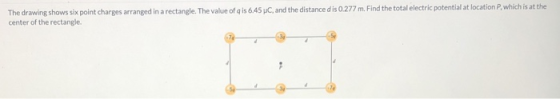 The drawing shows six point charges arranged in a rectangle. The value of g is 6.45 C, and the distance dis 0.277 m. Find the