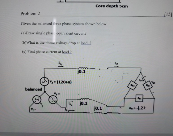 Core depth 5cm Problem 2 [15] Given the balanced three phase system shown below (a)Draw single phase equivalent circuit? (b)W