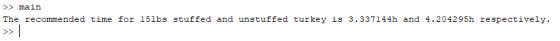 >> main The recommended time for 15lbs stuffed and unstuffed turkey is 3.337144h and 4.204295h respectively. >>