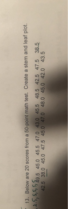 13. Below are 20 scores from a 50-point math test. Create a stem and leaf plot. ,1.5,5,5,589.5 45.0 45.5 47.0 43.0 45.5 48.5