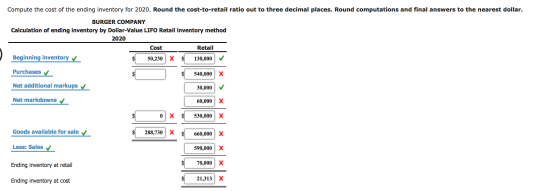 Compute the cost of the ending inventory for 2020. Round the cost-to-retail ratio out to three decimal places. Round computat