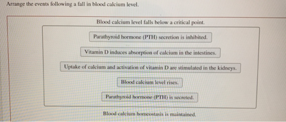 Arrange the events following a fall in blood calcium level. Blood calcium level falls below a critical point. Parathyroid hor