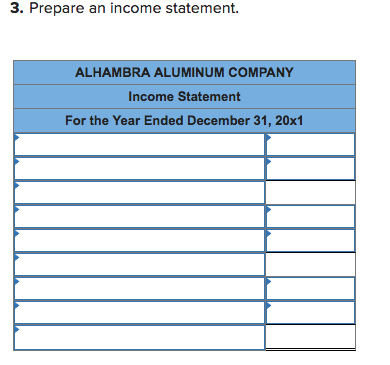 3. Prepare an income statement. ALHAMBRA ALUMINUM COMPANY Income Statement For the Year Ended December 31, 20x1