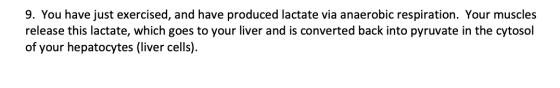 9. You have just exercised, and have produced lactate via anaerobic respiration. Your muscles release this lactate, which goe