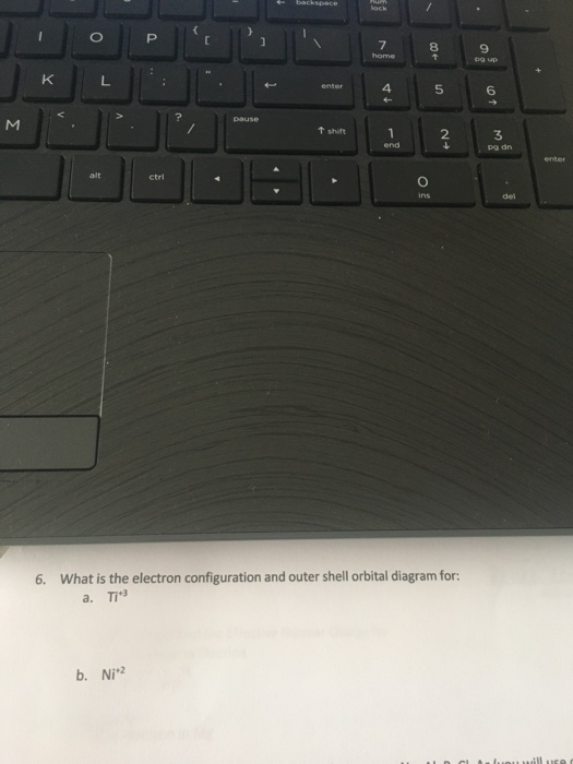 KIL : Enter 4 5 6 6. What is the electron configuration and outer shell orbital diagram for: a. T1 b. Nj
