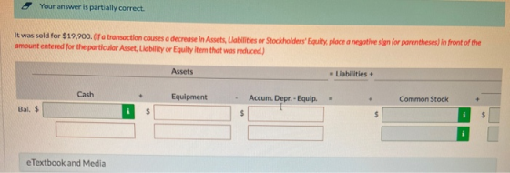 Your answer is partially correct. It was sold for $19,900. (If a transaction causes a decrease in Assets, Llabilities or Stoc