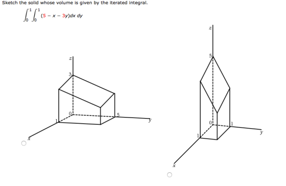 Sketch the solid whose volume is given by the iterated integral. 6*6*15 (5 - x - 3y)dx dy 2 z 5