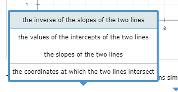 the inverse of the slopes of the two lines the values of the intercepts of the two lines the slopes of the two lines the coor