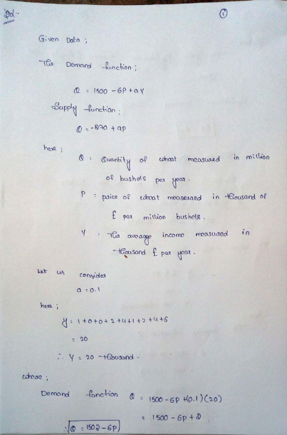 Given Dota GDeman inction 500-6P +av A0 tap hosa in mitioo uankt of cohant measwad in mituon ol bushels po psice o cohcat mcosoiaed in Gousand of pox ition bushels easuaed tn o ae income measuided n Lat u conid hes toto2 2 +6 : 20 De mo nd fonction 1500-GP t(0.1)(20) : 1500 6p 0 150-6P