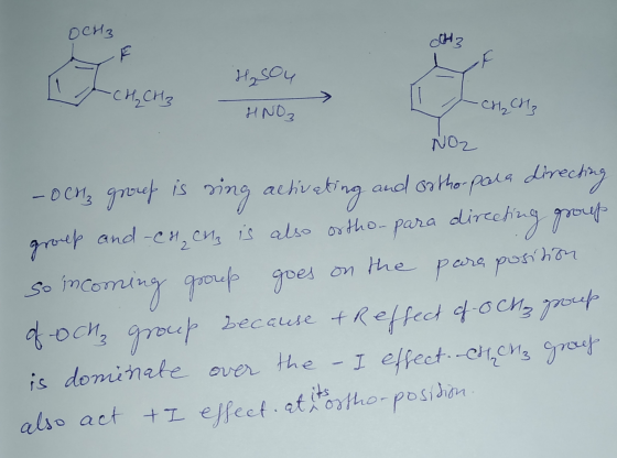 Осиз 2 L CH₂CH3 H₂SO4 HNO3 - CH₂ CH₂ NOZ - OH3 groef is sing activating and orthopala directing group and -CH₂ CH3 is also or