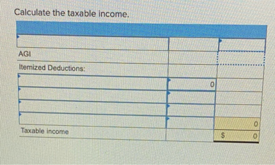 Calculate the taxable income. AGI Itemized Deductions: Taxable income